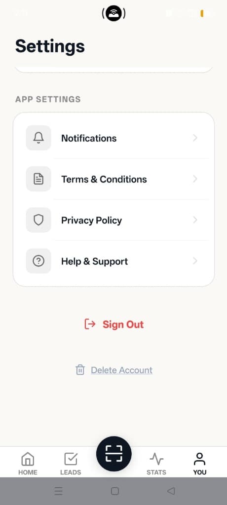 EVAR App Settings screen showing the Delete Account button